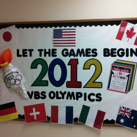 Let the Games Begin -- adaptable bulletin board for an Olympics theme. Olympic Bulletin Board, Olympic Vbs, School Olympics, Vbs Olympics, Preschool Olympics, Olympics Decorations, Olympic Theme Party, Olympic Idea, Kids Olympics