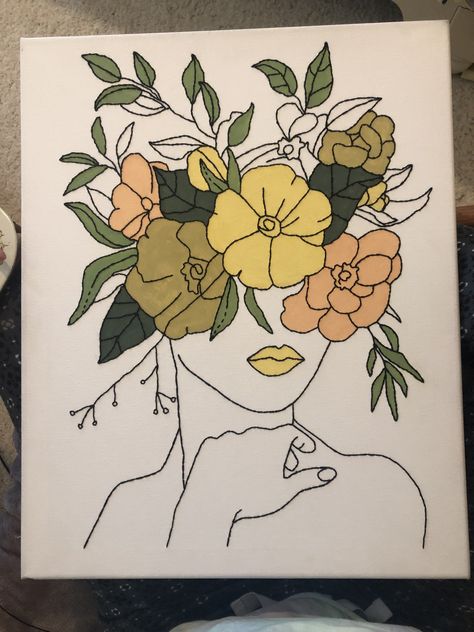 Flowers Drawing On Canvas, Line Art In Canvas, Flower Painting With Black Outline, Outline Flower Painting, Outline To Paint, 16x20 Canvas Painting Ideas Easy, Self Love Acrylic Painting, Black Outline Painting, Painting Outline Ideas