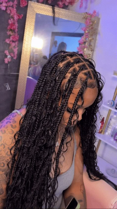 80 Trendy Boho Knotless Braids Hairstyles & How To Style Ideas - Black Beauty Bombshells Bck 2 School Hairstyles Braids, Bohoieam Braids, Hairstyles For Long Hair Braids Black, Black Hair Ideas Braids, Boho Knotless With Bow, Medium Sized Boho Knotless Braids, Boho Medium Braids, Boho Brown Hair, Boho Braids With Edges