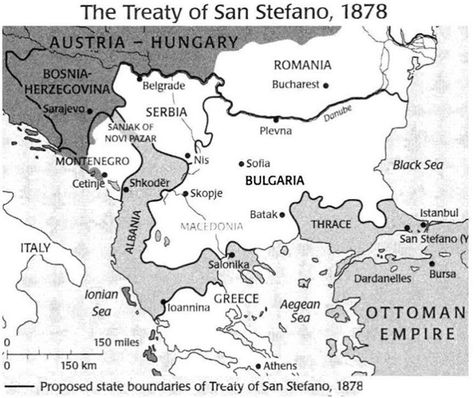 [The Treaty of San Stefano, 1878] - Liberation of Bulgaria 🇧🇬 📜The treaty’s most important provision established an independent Bulgarian principality, which included most of Macedonia and extended to the Danube and from the Aegean to the Black Sea. The independence of Serbia, Montenegro, and Romania was recognized. Romania cede southern Bessarabia to Russia, receiving North Dobruja in exchange. Bosnia-Herzegovina was to be autonomous. Bulgarian History, Bosnia Herzegovina, Serbia And Montenegro, Historical Maps, Black Sea, Macedonia, Eastern Europe, Albania, Serbia