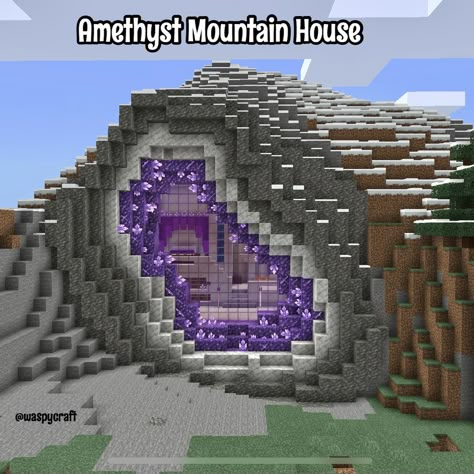 Minecraft Crystal House, Minecraft Geode House, Minecraft Geode Build, Minecraft Houses Mountain Side, Amethyst Builds Minecraft, Minecraft Houses In Mountains, Mountain Minecraft Houses, Crystal Minecraft, Minecraft Crystal Build