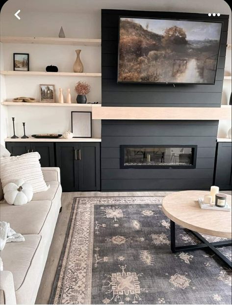 Big Tv Over Fireplace Ideas, Wall Units Living Room Built Ins With Fireplace, Tri Level Interior Design, Faux Fireplace Built Ins, Basement Gas Fireplace Ideas, Tv Above Gas Fireplace, Black Built Ins Fireplace, Gas Fireplace With Built Ins, Built In With Tv