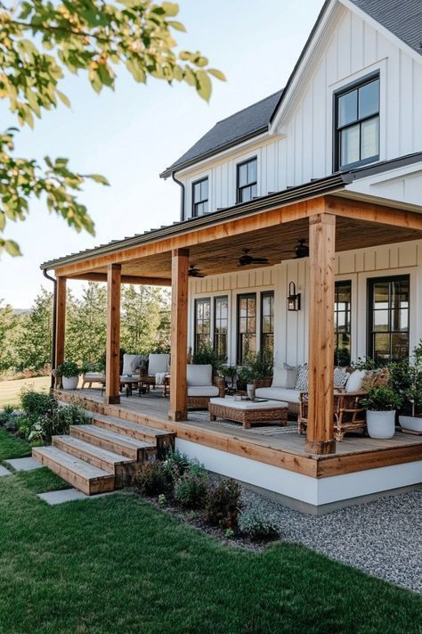 Homey Homes Exterior, Modern Farmhouse Decks, Homes From Outside, White Shiplap Exterior Siding, Ranch House Inspiration, Farmhouse Modern House Exterior, Small Home With Wrap Around Porch, New Build Home Exterior, Modern Farmhouse Porches