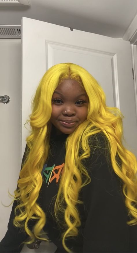 Yellow weave bundles dyed black girl color hair Yellow Hair On Black Women, Yellow Wigs On Black Women, Yellow Hair Black Women, Clawdia Wolf, Yellow Wig, Hair Threading, Hair Colorful, Frontal Wig Hairstyles, Color Wigs