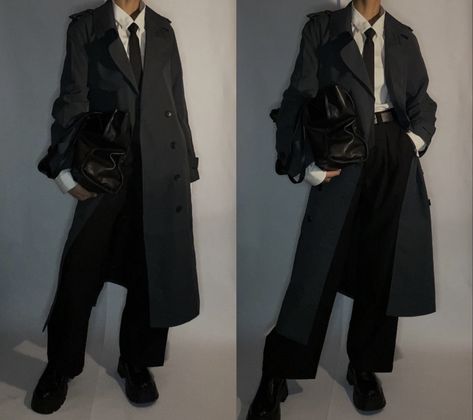 Dark Academia Trench Coat Outfit, Detective Coat Outfit, Detective Clothing Men, Victorian Trench Coat, Noir Detective Outfit, Suit With Trench Coat, How To Style Black Leather Jacket, Trench Coat Character Design, Paranormal Investigator Outfit