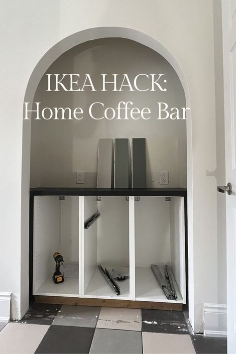 Using IKEA Kitchen Cabinets, I created my dream coffee bar and pantry. Here's the tutorial to make this stunning coffee bar! Breakfast Nook Buffet Cabinet, Breakfast Bar Cabinet, How To Build Coffee Bar, Ikea Built In Coffee Bar, Coffee Bar With Garbage Storage, Ikea Wall Bar, Ikea Beverage Station, Coffee Bar In A Closet, Diy Bar Nook