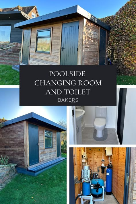 Pool Side Bathroom Ideas, Pool Shed Bathroom Ideas, Pool House Toilet, Outdoor Change Room Pools, Small Outdoor Bathroom For Pool, Pool Bathroom Changing Room, Pool Shed Ideas Changing Room, Pool Shed Change Room Ideas, Small Pool House Ideas Shed