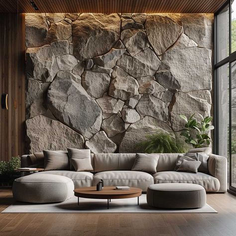 Stone Wall Design Interior, Interior Rock Wall, Stone On Wall, Wall Stone Design, Rustic Wall Design, Living Room Stone Wall, Indoor Stone Wall, Stone House Interior, Stone Wall Decoration