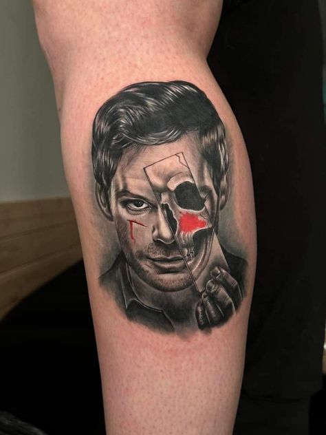 "Blood. Sometimes it sets my teeth on edge; other times it helps me control the chaos.” Artist: Benrhys at Blvck Sheep Studios. Dexter Tattoo Ideas, Dexter Morgan Tattoo, Dexter Tattoo, Morgan Tattoo, Fine Tattoos, Evil Skull Tattoo, Evil Skull, Tattoos Cool, Forarm Tattoos