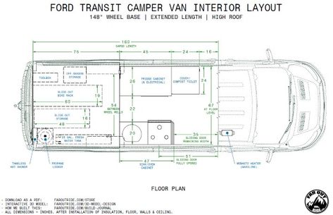 FarOutRide Camper Van Floor Plan and Interior Layout PDF (V1, rev A, page 3) (600px) Ford Transit Conversion Layout, Ford Camper Van Interior, Ford Transit Layout, Ford Transit Van Conversion Layout, Ford Transit Camper Van Layout Floor Plans, Sprinter Van Floor Plan, Ford Transit Van Conversion Floor Plan, Campervan Layout Floor Plans, Camper Van Floor Plans