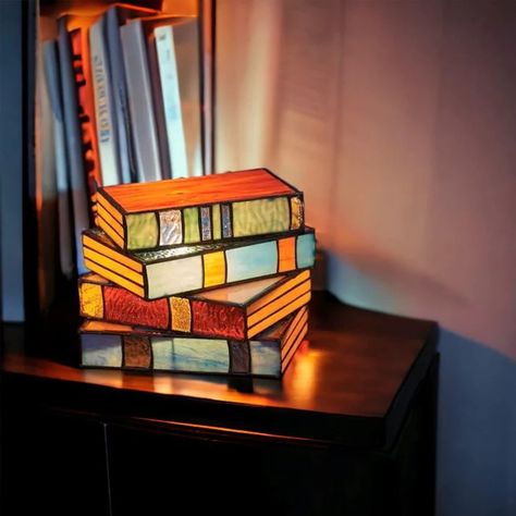 Resin Nightstand, Book Stacking, Stained Glass Lampshade, Book Shape, Nightstand Desk, Small Desk Lamp, Lamps For Bedroom, Stacked Books, Stained Glass Pieces