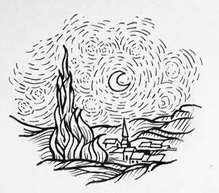 Starry Night Line Drawing, Van Gogh Starry Night Drawing, Van Gogh Line Art Tattoo, Starry Night Tattoo Design, Line Art Van Gogh, Tattoo Ideas Van Gogh, Van Gogh Line Drawing, The Starry Night Tattoo, Starry Night Van Gogh Tattoo