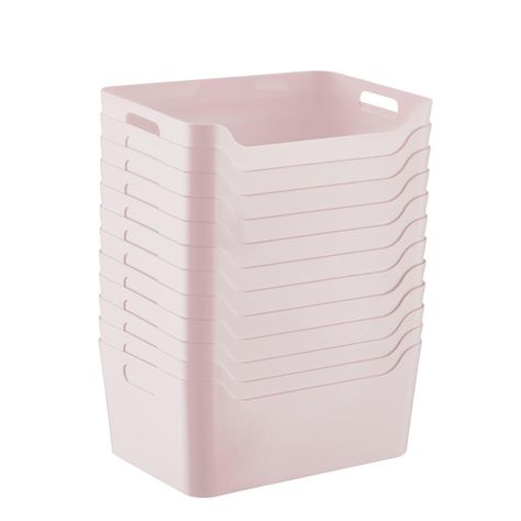 Case of 12 of Smoke Soft Pink Storage Bins with Handles | The Container Store Pink Storage Bins, Large Plastic Storage Bins, Pink Storage, Room Wishlist, Pantry Organizers, Decorative Storage Boxes, Cute Bedroom Decor, The Container Store, Custom Closet