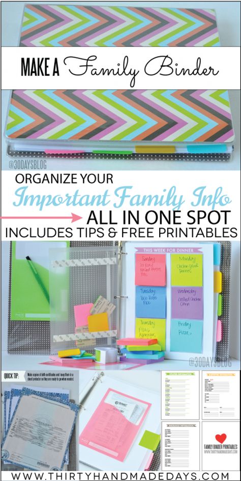 Make a family binder - with printables & tips from www.thirtyhandmadedays.com Family Binder, Household Binder, Home Binder, Organize My Life, Home Management Binder, Binder Organization, Organized Life, Household Organization, Family Organizer