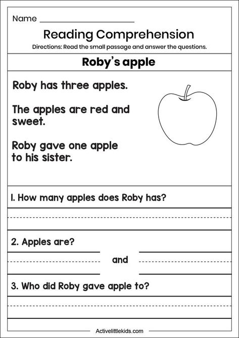 Apple Reading Comprehension, Kindergarten Comprehension Worksheets, Science Worksheets For Kindergarten, Kindergarten Test, Grade 4 Reading, B Worksheet, Grade 1 Worksheets, Kindergarten Reading Comprehension, Esl Preschool