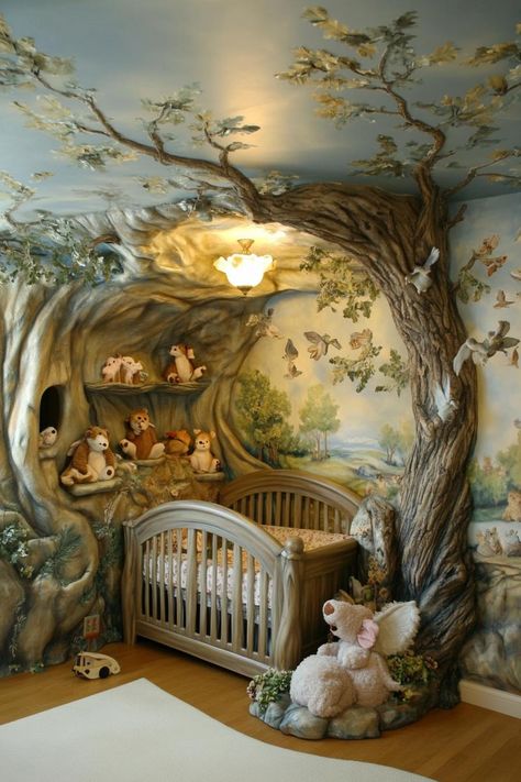 Stunningly unique detailed nursery interior in woodland creatures theme. Discover how to transform a nursery room into a whimsical wonderland that blends comfort, creativity, and practicality. Fairycore Nursery, Dream Nursery Theme, Nursery Forest Theme, Rustic Nursery Ideas, Nursery Room Design Ideas, Treehouse Bed, Woodland Baby Room, Unisex Baby Room, Baby Nursery Room