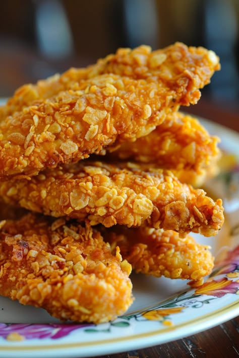 Looking for a delicious twist on a classic favorite? Try our crispy cornflake chicken tenders recipe! These flavorful and golden-brown tenders are perfect for a quick weeknight dinner or as a party appetizer that will have everyone asking for seconds. Simple to make and oh-so flavorful, these cornflake chicken tenders are sure to become a family favorite in no time. Serve them with your favorite dipping sauce or alongside some fresh veggies for a complete meal that's both tasty and satisfying. Cornflakes Chicken Tenders, Chicken Tenders With Corn Flakes, Corn Flake Chicken Tenders, Cornflake Chicken Tenders, Popeyes Food, Cornflake Chicken, Homemade Fried Chicken, Chicken Tenders Recipe, Chicken Snacks