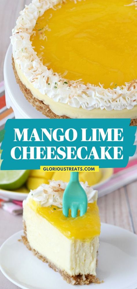 Here's an easy dessert to impress you can prepare in advance! This Mango Lime Cheesecake is a sweet treat that's rich, creamy, and delicious. It's bursting with tropical flavors! Add this to your Spring desserts or Easter desserts! Sunflower Cheesecake, Spring Cheesecake Recipes, Easter Cheesecake Ideas, Spring Dessert Ideas Easy, Cheesecake Recipes Fruit, Summer Cheesecake Flavors, Spring Cheesecake Flavors, Fun Cheesecake Flavors, Florida Desserts