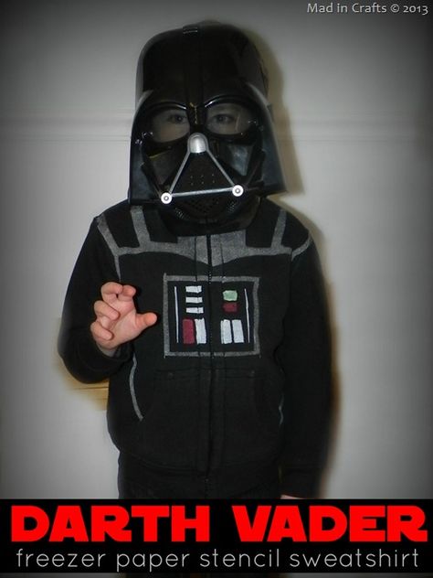 DIY Darth Vader Hoodie - Mad in Crafts Stencil Shirts, Snowman Shirts, Snowman Costume, Darth Vader Shirt, Halloween Costume Design, Star Wars Party Ideas, Halloween Costumes To Make, Freezer Paper Stenciling, Geek Diy