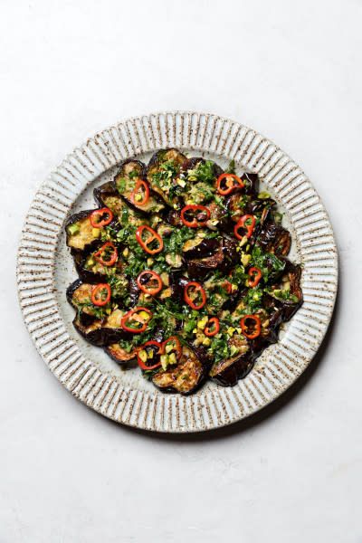 Ottolenghi’s Roasted Eggplant Salad: Easy Eggplant Recipe Eggplant Thanksgiving Recipe, Ottolenghi Eggplant Recipe, Ottolenghi Aubergine Recipe, Eggplant Ottolenghi, Ottolenghi Eggplant, Silverbeet Recipes, Eggplant Salad Recipes, Ottolenghi Salad, Mediterranean Eggplant