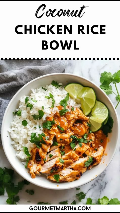 Savor the creamy, tropical goodness of a Coconut Chicken Rice Bowl! This easy recipe combines tender chicken, fragrant coconut rice, and fresh veggies for a healthy and flavorful meal. Perfect for lunch or dinner, it's an irresistible combo for coconut lovers! #CoconutChicken #RiceBowlRecipe #HealthyDinner #EasyChickenRecipes #TropicalFlavors #CoconutRice #MealPrep Coconut Chicken Rice, Easy Coconut Chicken, Creamy Coconut Rice, Rice Bowls Healthy, Chicken Rice Bowl, Spiced Chicken, Chicken Rice Bowls, Flavorful Dinner, Rice Bowls Recipes