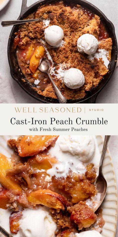 Homemade Peach Crumble is the perfect summer dessert for easy entertaining! Assemble the filling made with fresh peaches in a cast-iron skillet or baking dish, then top with the buttery, crunchy topping. Easier than pie, but every bit as delicious. Serve the warm peaches with a scoop of vanilla ice cream or whipped cream. #wellseasonedstudio #peachcrumble #peach #dessert Summer Vegetarian Recipes, Frozen Peaches, Crumble Tart, Peach Dessert, Peach Crumble, Baked Peach, Butternut Squash Pasta, Squash Pasta, Summer Baking