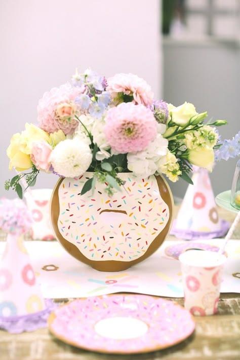 Donut floral arrangement from a Pastel Donut Birthday Party on Kara's Party Ideas | KarasPartyIdeas.com (9) Donut Party Ideas, Donut Theme Party, Doughnut Party, Donut Themed Birthday Party, Donut Birthday Party, Donut Decorations, Birthday Donuts, Donut Birthday Parties, Sprinkle Party