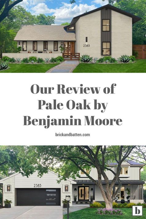 Pale Oak by Benjamin Moore is rapidly becoming one of our favorite neutral exterior paint colors. Its flexibility is probably what makes it one of Benjamin Moore’s top paint colors! Pale Oak is a taupe/greige shade with a warm tone that makes for an inviting exterior paint color. Check out this article to learn about Pale Oak’s technical specs, best applications, color pairings, and similar paint colors to consider. #exteriordesign #homedesign #paintcolors #housepaint #BenjaminMoore Pale Grey House Exterior, Cream Colored Homes Exterior, Pale Oak House Exterior, Neutral Outside House Colors, Cream Colored Houses Exterior, Pale Oak Exterior House, Greige Brick House Exterior, Benjamin Moore Pale Oak Exterior, Pale Oak Exterior