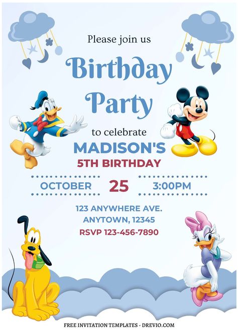 Kids Birthday Invitation Card, Baby Birthday Invitation Card, Mickey Mouse Birthday Invitation, First Birthday Invitation Cards, Mickey Invitations, Happy Birthday Invitation Card, Mickey Mouse Birthday Invitations, Son Birthday, Birthday Invitation Card Template