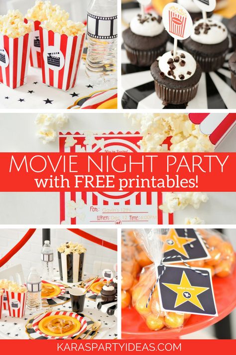 Sleepover Hacks, Birthday Party Movie Night, Kids Movie Party, Night Themed Party, Movie Theatre Birthday Party, Movie Night Printables, Movie Theater Party, Movie Night Party Ideas, Movie Theme Birthday Party