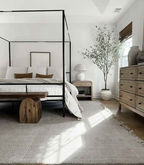 Neutral Bedroom Paint, Bedroom Side Tables, Bedroom Blankets, Organic Modern Bedroom, Metal Canopy Bed, Canopy Bed Frame, Pillows Bedroom, Bedding Inspiration, Bedroom Styling