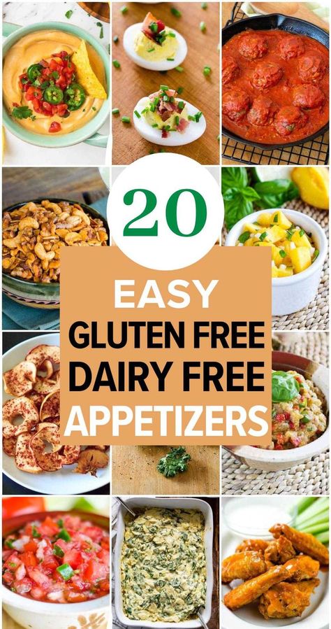 20 Easy Gluten Free Dairy Free Appetizers and Snacks - Looking for easy gluten-free dairy-free appetizers and snacks? These easy recipes have you covered with finger foods that use few ingredients and simple, homemade recipes that are minimal effort but amazingly delicious. From crackers and dips to meatballs, chicken wings and seafood, you'll find healthy snacks and appetizers that are full of flavor and perfect for your next party. Gf And Df Appetizers, Gluten Dairy And Nut Free Recipes, Christmas Recipes Gluten Free Dairy Free, Gf Snack Recipes, Gluten Free Recipes Snacks Appetizers, Dairy Free Gluten Free Appetizers For Party, Easy Appetizer Gluten Free, Dairy Free Roll Ups, Gluten And Dairy Free Apps