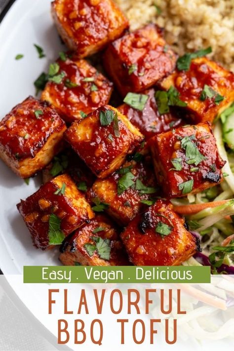 Tofu Dinners Easy, Easy Delicious Tofu Recipes, Bbq Tofu Marinade, Vegetarian Bbq Recipes, Tofu Bbq Recipes, Simple Tofu Recipes, Baked Tofu Recipes, Baked Bbq Tofu, Crispy Bbq Tofu