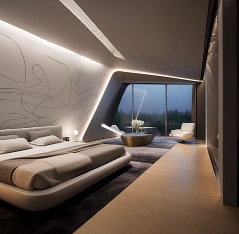 Home Innovations: An Amazing Futuristic Home Villa | Dream Home Inspiration Futuristic Interior Bedroom, Arc Interior Design, Modern Futuristic House, Futuristic Hotel, Futuristic Bedroom Design, Futuristic Bedroom Ideas, Bedroom Joinery, Futuristic Bed, Futuristic Rooms