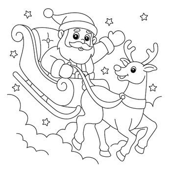 Santa Claus With Reindeer Drawing, Santa's Sleigh Drawing, Santa Claus With Reindeer, Santa Sleigh And Reindeer, Reindeer Drawing, Santa Claus Drawing, Christmas Santa Sleigh, Sleigh And Reindeer, Christmas Colouring