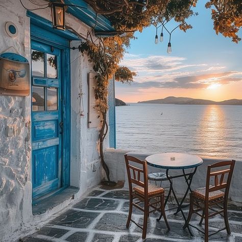 A quaint cafe corner with a stunning view of the sunset over tranquil sea waters. Quaint Cafe, Cafe Corner, Seaside Cafe, Seaside Sunset, Small Bakery, Sea Cliff, Cafe Ideas, Sunset View, Pastry Shop