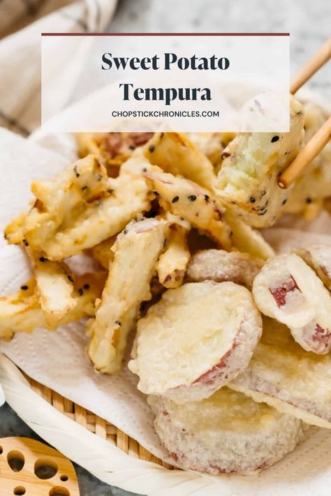 Crispy and delicious sweet potato tempura with a flavorful dipping sauce is the perfect appetizer or side dish! Sweet Potato Tempura, Okinawan Food, Japanese Vegetarian Recipes, Japanese Potato, Tempura Recipe, Japanese Home Cooking, Food In Japan, Sweet Potatoe Bites, Japanese Food Recipes