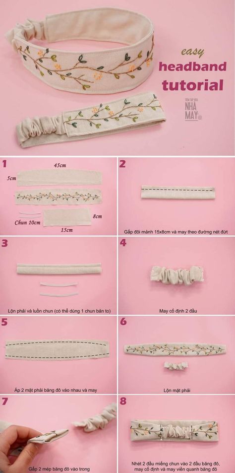 Hairband Tutorial, Crochet Hairband, Projek Menjahit, Diy Hair Accessories Ribbon, Sewing Crafts Tutorials, Fashion Sewing Tutorials, Handmade Embroidery Designs, Pola Sulam, Diy Headband