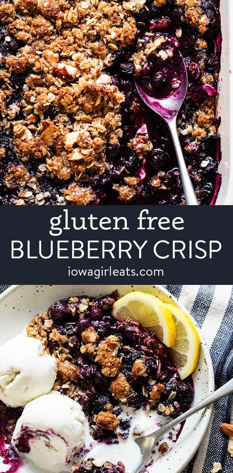 Gluten Free Blueberry Crisp is luscious, blueberry filling beneath a craveable, crunchy-crisp topping. The perfect summer dessert recipe! iowagirleats.com gluten free blueberry crisp, gluten free blueberry crumble, blueberry crisp gluten free, blueberry crumble gluten free, gluten free blueberry crisp recipe Gluten Free Blueberry Cobbler, Gluten Free Blueberry Crisp, Healthy Rhubarb Recipes, Gluten Free Cobbler, Gluten Free Crumble, Gluten Free Crisps, Blueberry Crisp Recipe, Crisp Topping, Blueberry Crisp