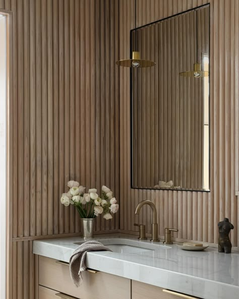 One my favorite so far! Those fluted panels give a soft and voluptuous groove to our Tally Ho's master bath suite... yes it's a suite! More soon, all captured by @jennverrierphoto & styled by @kristihunter . . . #bathroom #bathroomdesign #woodpaneling #fluted #voluptous #spalike #bathroomofinstagram #beautifulbathrooms #interiordesign #interiordesigner Fluted Panel Bathroom, Fluted Wall Panel Bathroom, Fluted Wall Bathroom, Fluted Tub, Fluted Tile Bathroom, Panel Bathroom, Master Bath Suite, Fluted Wall, Wood Wall Bathroom