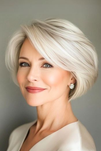 Save this pin for the best short layered haircuts with bangs. This classic blonde bob gets a fresh update with choppy layers and long, side-swept bangs. The deep side part creates a flattering asymmetry. Short Bob No Bangs Hairstyles, Long Layered Short Haircuts, Short Graduated Bob Hairstyles, Layered Bob With Side Swept Bangs, Chin Length Bob With Side Swept Bangs, Stacked Bob Haircut For Thick Hair, Hairstyles For Growing Out Short Hair, Short Bob With Side Swept Fringe, Short Haircut With Side Bangs