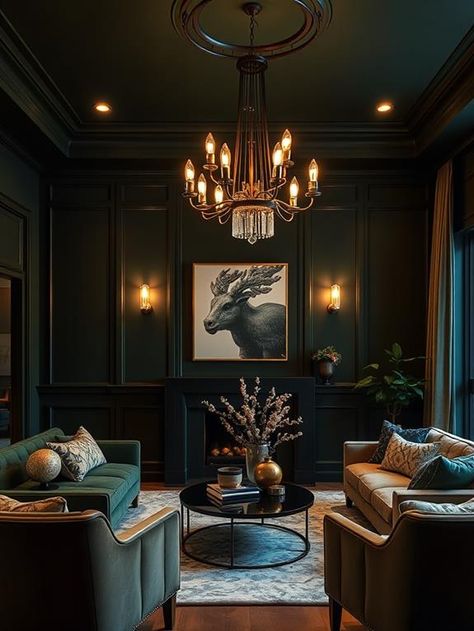 Fern Living Room, Green Theatre Room, Dark Green Paneling, Colors That Go Well With Dark Green, Moody Green Decor, Green Panelled Living Room, Dark Green Media Room, Green Bonus Room, Dark Green Color Drenching