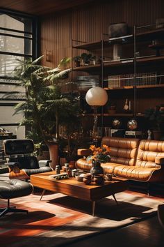 Mid Century Industrial Decor, Mid Century Modern Living Room Brown Leather Couch, Mid Century Aesthetic Room, Mid Century Modern And Industrial, Mid Mod Couch, Mid Century Man Cave, Black Mid Century Modern Living Room, French Country Meets Mid Century Modern, Mid Century Modern Library Room