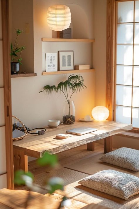 Home Decor Ideas Scandinavian Style, Japandi Style Home Office, Japandi Working Space, Office Japanese Style, Japanese Interior Design Small Spaces, Japandi Villa, Japanese Office Design, Home Decor Japanese Style, Japan Interiors