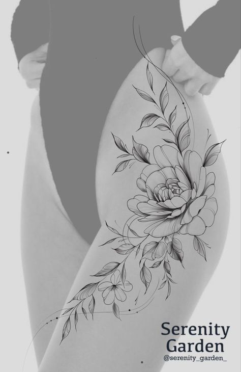 Thigh Tattoos Designs Women, Floral Tattoo Thigh Hip, Thigh Floral Tattoos Women, Hip Tattoo Floral, Hip Flower Tattoos Women, Thigh Tattoo Flower, Hips Tattoo Women, Tattoo Hips Women, Flower Thigh Tattoos Women