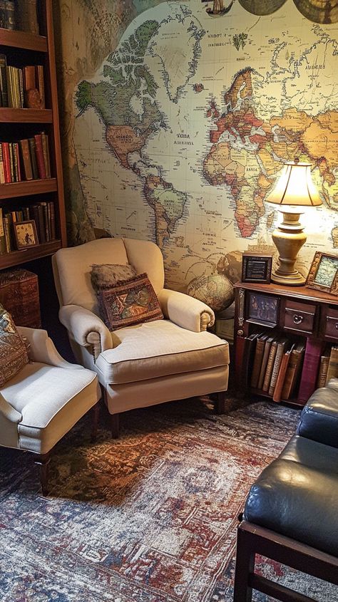 Unleash your inner explorer in this Sagittarius-inspired den! 🌍 Dive into adventure with world map wallpaper, a stunning global artifact display, and cozy seating. 📚✨ Perfect for dreaming up your next journey with an eclectic adventure book collection! #TravelVibes #SagittariusStyle World Traveler Home Decor, Maps Decoration, Brooke Aesthetic, Artifact Display, Adventure Core, Maps Aesthetic, Map Room, Cozy Family Rooms, World Map Wallpaper