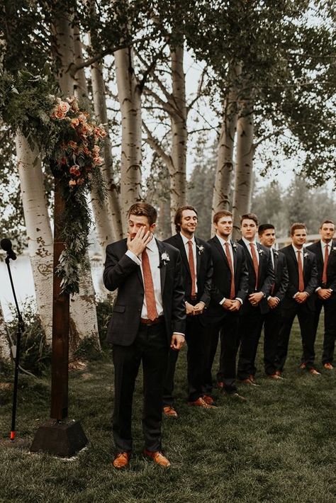 Fall Groomsmen Ideas, Black Tux With Copper Tie, Groom Attire Terracotta, Dark Grey Suit Fall Wedding, Terracotta And Copper Wedding, Black And Terracotta Groomsmen, Cinnamon And Eucalyptus Wedding, Black And Brown Suit Wedding, October Wedding Groomsmen