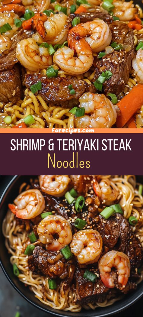 Shrimp+&+Teriyaki+Steak+Noodles Steak Noodles, Shrimp Teriyaki, Teriyaki Steak, Cooked Shrimp, Homemade Chinese Food, Simple Family Meals, Steak And Shrimp, Mapo Tofu, Chinese Cooking Recipes