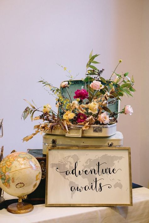 Vintage Graduation Party, Vintage Travel Wedding, Travel Bridal Showers, Travel Theme Bridal Shower, Dinner Table Centerpieces, Vintage Graduation, Travel Themed Wedding, Travel Party Theme, Retirement Party Ideas