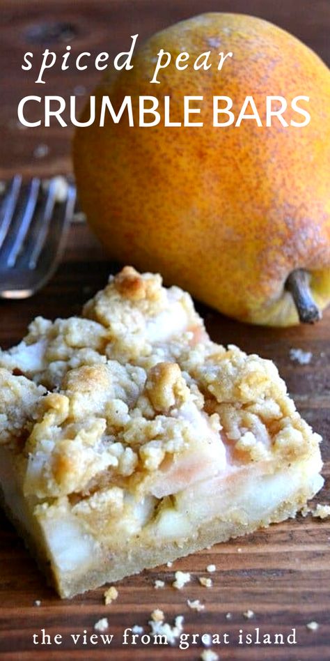 Spiced Pear Crumble Bars are a delicately spiced shortbread bar filled with fresh juicy pears.  Enjoy this easy fall dessert any time of the day.  #easy #recipe #pears #bars #crumble #fall #dessert #breakfast #shortbread Pear Treats, Easy Pear Dessert, Crumble Recipe Easy, Pear Bars, Dessert Pears, Asian Pear Recipes, Spiced Shortbread, Pear Recipes Easy, Pear Recipe